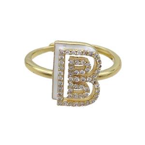 Copper Ring Pave Zircon B-Letter Adjustable White Enamel Gold Plated, approx 10-14mm, 18mm dia [FN36045]