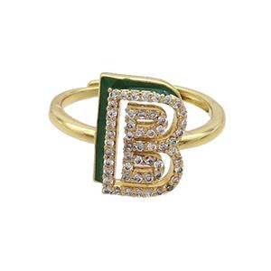 Copper Ring Pave Zircon B-Letter Adjustable Black Enamel Gold Plated, approx 10-14mm, 18mm dia [FN36046]