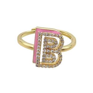 Copper Ring Pave Zircon B-Letter Adjustable Pink Enamel Gold Plated, approx 10-14mm, 18mm dia [FN36047]