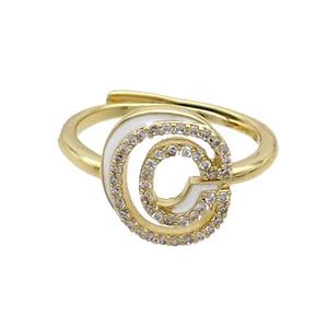 Copper Ring Pave Zircon C-Letter Adjustable White Enamel Gold Plated, approx 10-14mm, 18mm dia [FN36048]