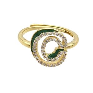 Copper Ring Pave Zircon C-Letter Adjustable Enamel Gold Plated, approx 10-14mm, 18mm dia [FN36049]