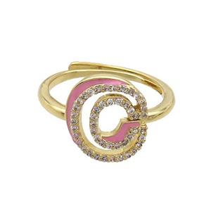 Copper Ring Pave Zircon C-Letter Adjustable Enamel Gold Plated, approx 10-14mm, 18mm dia [FN36050]
