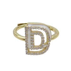 Copper Ring Pave Zircon D-Letter Adjustable Enamel Gold Plated, approx 10-14mm, 18mm dia [FN36051]