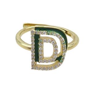 Copper Ring Pave Zircon D-Letter Adjustable Enamel Gold Plated, approx 10-14mm, 18mm dia [FN36052]