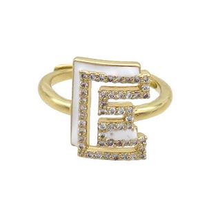 Copper Ring Pave Zircon E-Letter Adjustable Enamel Gold Plated, approx 10-14mm, 18mm dia [FN36054]