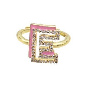 Copper Ring Pave Zircon E-Letter Adjustable Enamel Gold Plated, approx 10-14mm, 18mm dia [FN36055]