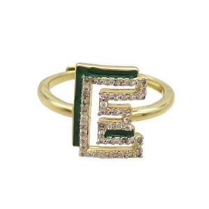 Copper Ring Pave Zircon E-Letter Adjustable Enamel Gold Plated, approx 10-14mm, 18mm dia [FN36056]