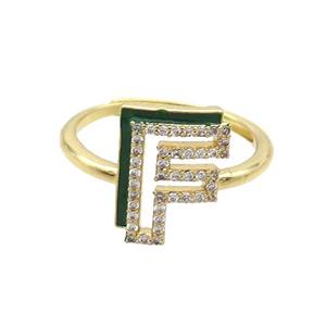 Copper Ring Pave Zircon F-Letter Adjustable Enamel Gold Plated, approx 10-14mm, 18mm dia [FN36058]
