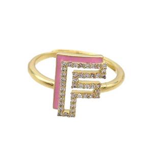 Copper Ring Pave Zircon F-Letter Adjustable Enamel Gold Plated, approx 10-14mm, 18mm dia [FN36059]