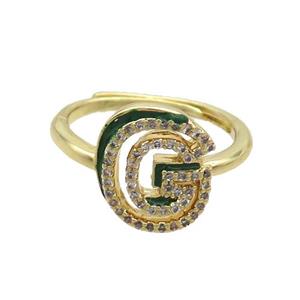 Copper Ring Pave Zircon G-Letter Adjustable Enamel Gold Plated, approx 10-14mm, 18mm dia [FN36061]
