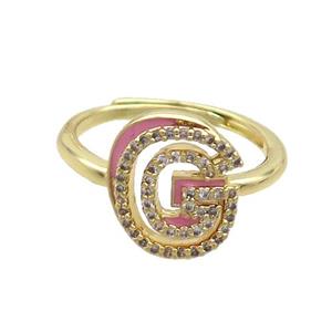 Copper Ring Pave Zircon G-Letter Adjustable Enamel Gold Plated, approx 10-14mm, 18mm dia [FN36062]