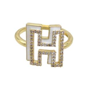 Copper Ring Pave Zircon H-Letter Adjustable Enamel Gold Plated, approx 10-14mm, 18mm dia [FN36063]