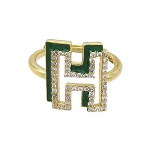 Copper Ring Pave Zircon H-Letter Adjustable Enamel Gold Plated, approx 10-14mm, 18mm dia [FN36064]