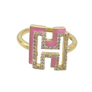 Copper Ring Pave Zircon H-Letter Adjustable Enamel Gold Plated, approx 10-14mm, 18mm dia [FN36065]