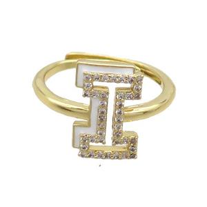 Copper Ring Pave Zircon I-Letter Adjustable Enamel Gold Plated, approx 10-14mm, 18mm dia [FN36066]