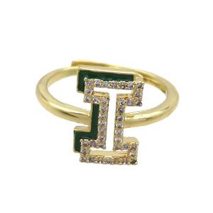 Copper Ring Pave Zircon I-Letter Adjustable Enamel Gold Plated, approx 10-14mm, 18mm dia [FN36067]