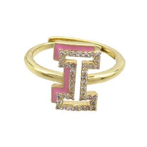 Copper Ring Pave Zircon I-Letter Adjustable Enamel Gold Plated, approx 10-14mm, 18mm dia [FN36068]