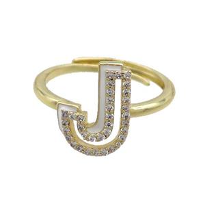 Copper Ring Pave Zircon J-Letter Adjustable Enamel Gold Plated, approx 10-14mm, 18mm dia [FN36069]