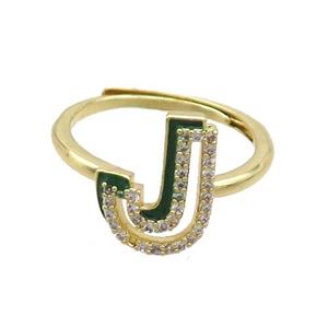 Copper Ring Pave Zircon J-Letter Adjustable Enamel Gold Plated, approx 10-14mm, 18mm dia [FN36070]