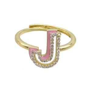 Copper Ring Pave Zircon J-Letter Adjustable Enamel Gold Plated, approx 10-14mm, 18mm dia [FN36071]