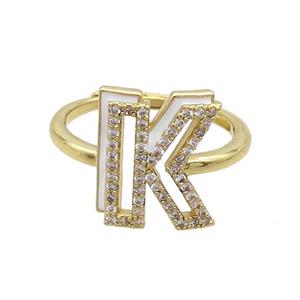 Copper Ring Pave Zircon K-Letter Adjustable Enamel Gold Plated, approx 10-14mm, 18mm dia [FN36072]