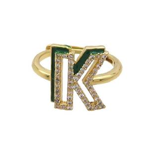 Copper Ring Pave Zircon K-Letter Adjustable Enamel Gold Plated, approx 10-14mm, 18mm dia [FN36073]