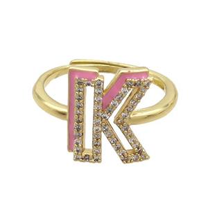 Copper Ring Pave Zircon K-Letter Adjustable Enamel Gold Plated, approx 10-14mm, 18mm dia [FN36074]