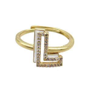 Copper Ring Pave Zircon L-Letter Adjustable Enamel Gold Plated, approx 10-14mm, 18mm dia [FN36075]