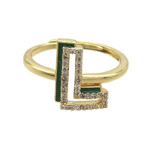 Copper Ring Pave Zircon L-Letter Adjustable Enamel Gold Plated, approx 10-14mm, 18mm dia [FN36076]