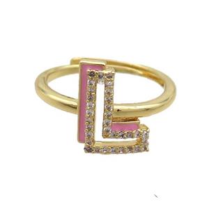 Copper Ring Pave Zircon L-Letter Adjustable Enamel Gold Plated, approx 10-14mm, 18mm dia [FN36077]
