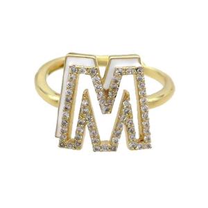 Copper Ring Pave Zircon M-Letter Adjustable Enamel Gold Plated, approx 10-14mm, 18mm dia [FN36078]
