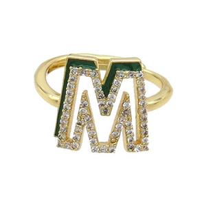 Copper Ring Pave Zircon M-Letter Adjustable Enamel Gold Plated, approx 10-14mm, 18mm dia [FN36079]