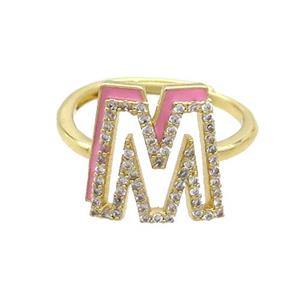 Copper Ring Pave Zircon M-Letter Adjustable Enamel Gold Plated, approx 10-14mm, 18mm dia [FN36080]