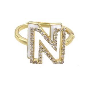 Copper Ring Pave Zircon N-Letter Adjustable Enamel Gold Plated, approx 10-14mm, 18mm dia [FN36081]