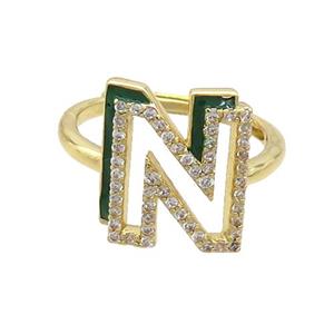 Copper Ring Pave Zircon N-Letter Adjustable Enamel Gold Plated, approx 10-14mm, 18mm dia [FN36082]