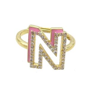 Copper Ring Pave Zircon N-Letter Adjustable Enamel Gold Plated, approx 10-14mm, 18mm dia [FN36083]