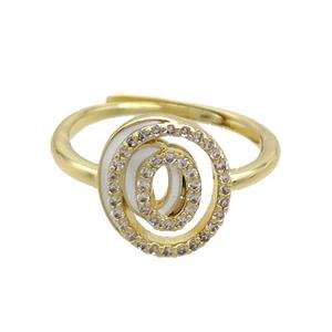 Copper Ring Pave Zircon O-Letter Adjustable Enamel Gold Plated, approx 10-14mm, 18mm dia [FN36084]
