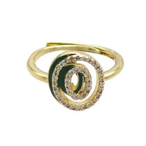 Copper Ring Pave Zircon O-Letter Adjustable Enamel Gold Plated, approx 10-14mm, 18mm dia [FN36085]