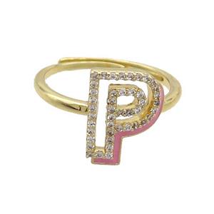 Copper Ring Pave Zircon P-Letter Adjustable Enamel Gold Plated, approx 10-14mm, 18mm dia [FN36089]
