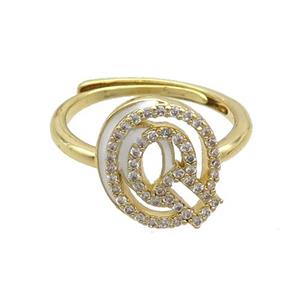 Copper Ring Pave Zircon Q-Letter Adjustable Enamel Gold Plated, approx 10-14mm, 18mm dia [FN36090]