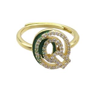 Copper Ring Pave Zircon Q-Letter Adjustable Enamel Gold Plated, approx 10-14mm, 18mm dia [FN36091]