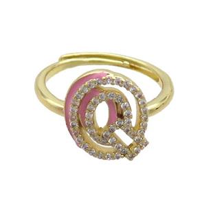 Copper Ring Pave Zircon Q-Letter Adjustable Enamel Gold Plated, approx 10-14mm, 18mm dia [FN36092]