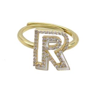 Copper Ring Pave Zircon R-Letter Adjustable Enamel Gold Plated, approx 10-14mm, 18mm dia [FN36093]