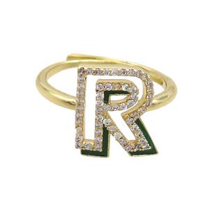 Copper Ring Pave Zircon R-Letter Adjustable Enamel Gold Plated, approx 10-14mm, 18mm dia [FN36094]