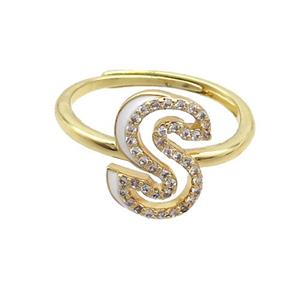 Copper Ring Pave Zircon S-Letter Adjustable Enamel Gold Plated, approx 10-14mm, 18mm dia [FN36096]