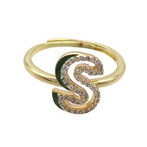 Copper Ring Pave Zircon S-Letter Adjustable Enamel Gold Plated, approx 10-14mm, 18mm dia [FN36097]