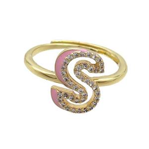 Copper Ring Pave Zircon S-Letter Adjustable Enamel Gold Plated, approx 10-14mm, 18mm dia [FN36098]