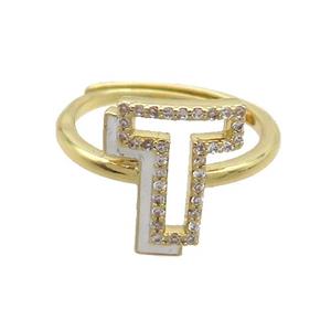 Copper Ring Pave Zircon T-Letter Adjustable Enamel Gold Plated, approx 10-14mm, 18mm dia [FN36099]