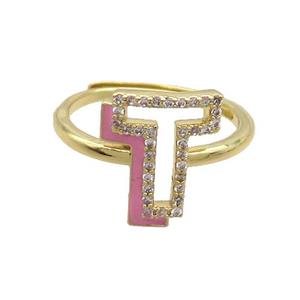 Copper Ring Pave Zircon T-Letter Adjustable Enamel Gold Plated, approx 10-14mm, 18mm dia [FN36101]