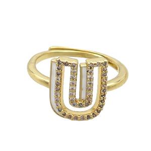 Copper Ring Pave Zircon U-Letter Adjustable Enamel Gold Plated, approx 10-14mm, 18mm dia [FN36102]